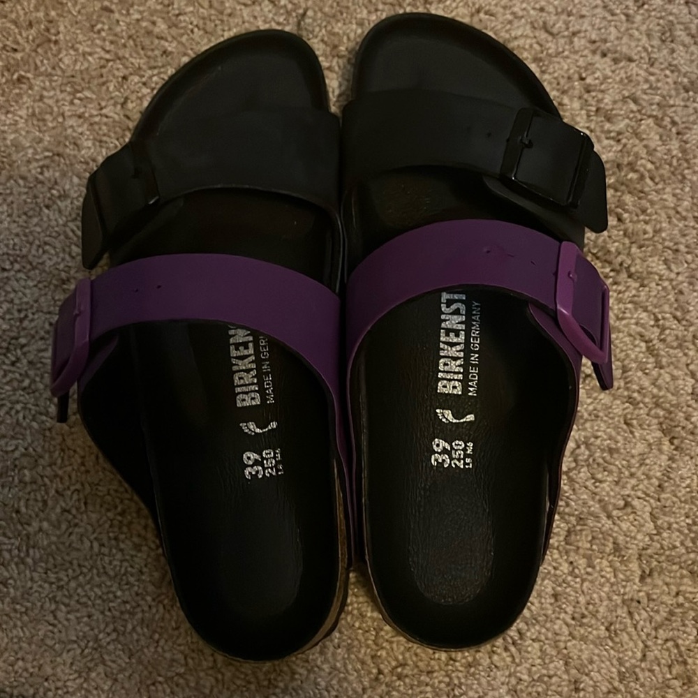 Purple and Black authentic Birkenstocks. Brand new. Size 39.